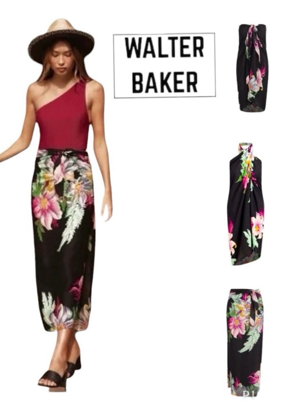 Walter Baker Black Floral Wrap Skirt Paradise Sarong in Grand Magnolia